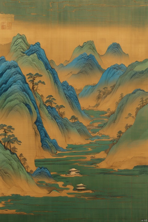 Chinese landscape painting,
ancient Chinese architecture,
mountains and rivers,
river,
plant,
Sky,
ancient wooden boat,
Thousands of Miles of Rivers and Mountains,
bridge