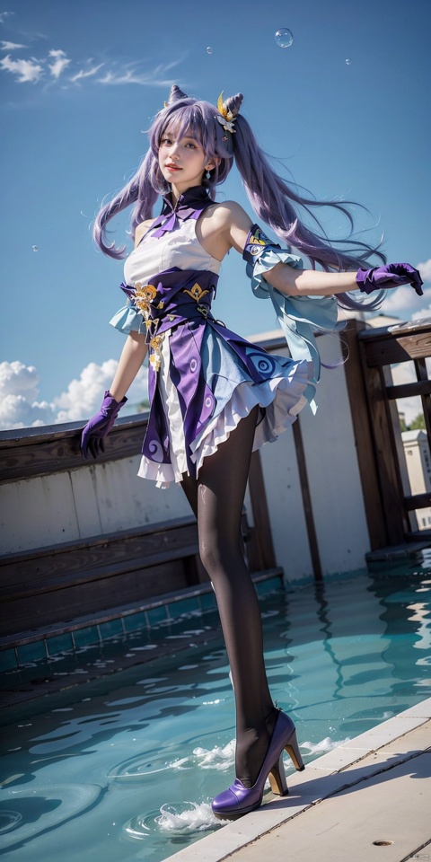  in the photo, the girl is floating in the sky, smiling at the camera, grin, surrounded by foam, Body glow, Arms outstretched,
(wide Angle, Low Angle, cloudy sky, bubble, foam, Super long purple hair floating in the sky, full body:1.5),

long purple hair, bangs, cone hair bun, double bun, hair flower, hair ornament, twintails, purple_eyes,
bare shoulders, large breasts, purple dress, large breasts, detached_sleeves, purple gloves, short sleeves,
black pantyhose, high_heels,
jewelry, earrings,

cloud, In the pool, swimming, keqing \(genshin impact\),

HDR, Vibrant colors, surreal photography, highly detailed, masterpiece, ultra high res,
high contrast, mysterious, cinematic, fantasy, bright natural light,houtufeng, pantyhose