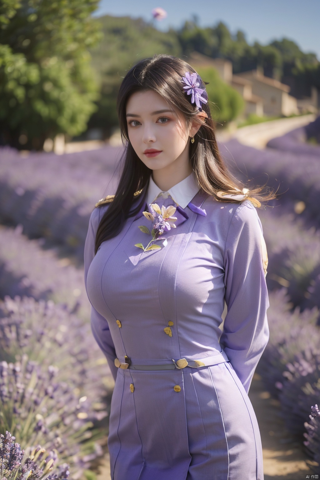  (Realistic), masterpiece, best quality, cinematic lighting, natural shadows, highest detail, looking at the audience,1 girl, cute girl photo, faint smile, charming, 25 years old, flip hair. With side light, (red stewardess uniform:1.39), dynamic modeling,(big breasts:1.59),(Lavender flowers in Provence, France:1.59)