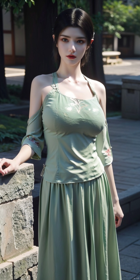  (printed chinese upshirt),(light green long skirt),1 girl,(big breasts:1.6), high heels,(short hair:1.1), (realistic:1.7),((best quality)),absurdres,(ultra high res),(photorealistic:1.6),photorealistic,octane render,(hyperrealistic:1.2), (big breasts:1.7), (photorealistic face:1.2), (8k), (4k), (Masterpiece),(realistic skin texture), (illustration, cinematic lighting,wallpaper),( beautiful eyes:1.2),((((perfect face)))),(cute),(standing),(black hair),(short hair), (outdoors), , long skirt, QIPAO,, (big breasts:1.8), , 1girl