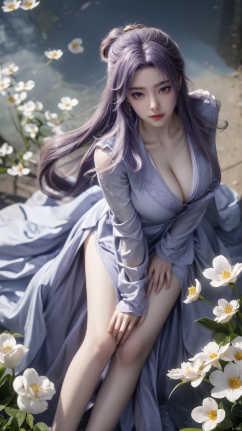  purple element,looking from above,above the knee,appear on camera,blue eyes,white_flower,XYunxiao,,(big breasts:1.19)