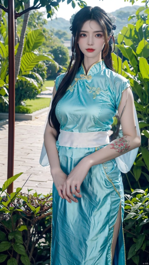  a woman, hanfu, the woman's gaze is directed towards the camera, her posture is upright and poised, and her hands are gracefully positioned by her side. the environment is lush and green, suggesting a serene and natural setting. the hanfu is flowing and drapes elegantly around her, with intricate embroidery and patterns. the overall mood conveyed is one of elegance, tradition, and serenity,(big breasts:1.3)
