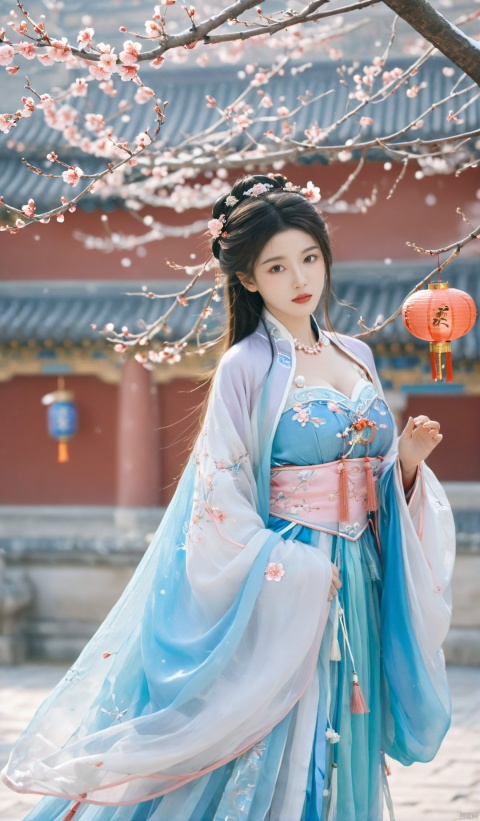 (pink|blue|white hanfu),1girl,half,(Masterpiece:1.2), best quality, arien_hanfu,1girl, (falling_snow:1.39), looking_at_viewer,(big breasts:1.99),
BREAK,
(plum blossoms:1.3),(Traditional Chinese lanterns hanging from the trees),Forbidden City, hand101,(big breasts:1.99), GUOFENG, HanFu, HUBG_Beauty_Girl, MAJICMIX STYLE, Face Score