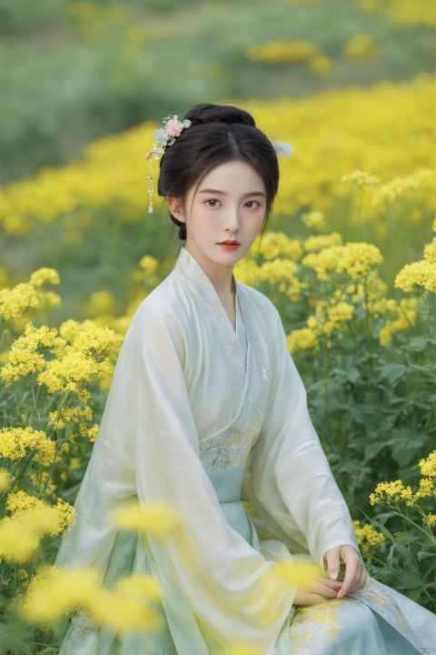  Enhanced, masterpiece, 16K, girl, Solo, Flower Field, rape flower, (\meng ze\), yue , hair ornament , hanfu,(big breasts:1.79), ming_hanfu