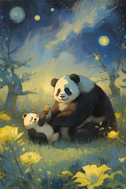 A panda under a starry sky, in the style of painter Vincent Van Gogh, vibrant illustrations, cute, healing, fangao, MG xiongmao, backlight