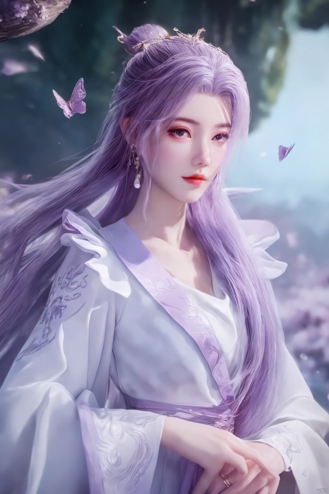  best quality,masterpiece,1girl,solo,long hair,looking at viewer,jewelry,closed mouth,purple eyes,upper body,purple hair,earrings,blurry,blurry background,sunlight,red lips,(big breasts:1.59), Yunxiao_xianzi, Brigitte Lin, X-aurora, pearl_shell, song_hanfu, fantasy_butterfly, Succulent_Plants