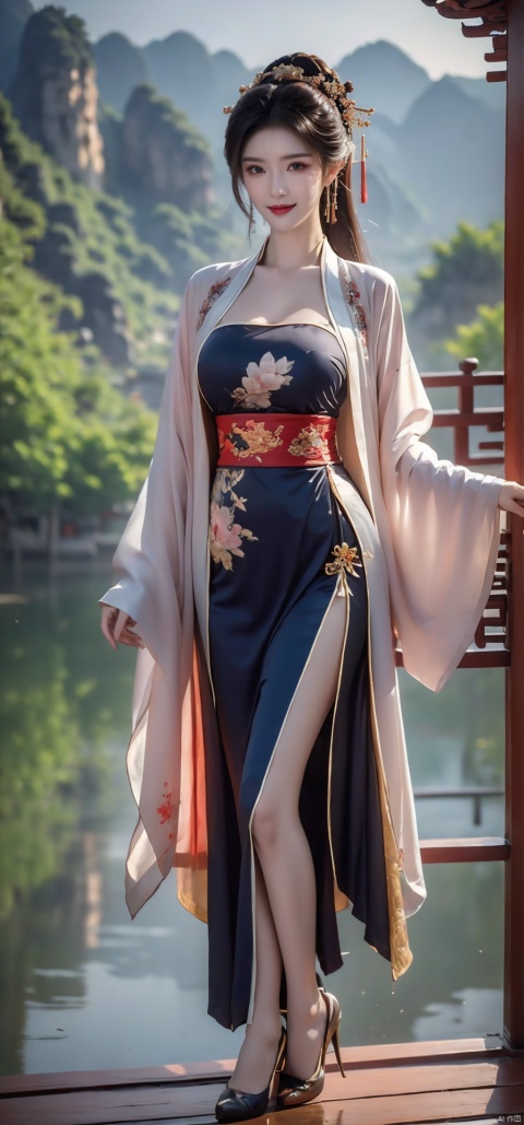 1girls,bangs,beach,black_hair,breasts,brown_eyes,brown_hair,chinese_clothes,day,dress,earrings,hair_ornament,high_heels,jewelry,lips,long_hair,looking_at_viewer,big_breasts,multiple_girls,nail_polish,The background is the landscape of Guilin, Guangxi,open_mouth,outdoors,ponytail,short_hair,smile,standing,swept_bangs,toenail_polish,toenails,toes,water, chang