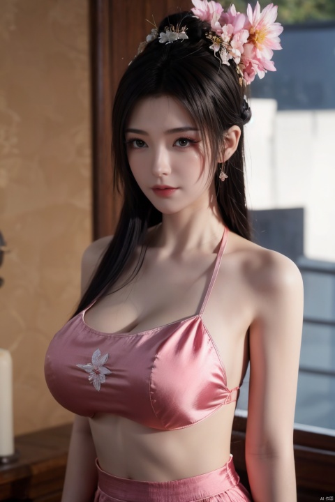  1girl, navel, solo, midriff, bare shoulders, lantern, hair ornament, flower, hair flower, paper lantern, black hair, red lips, looking at viewer, chinese clothes, (pink dress), purple eyes,blurry, solo focus, long hair, lips, night, lipstick, outdoors, upper body, blurry,(huge breasts:1.39), background, solo, makeup, hair bun, Hashimoto_Kanna