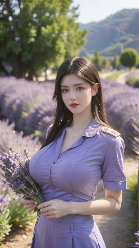  (Realistic), masterpiece, best quality, cinematic lighting, natural shadows, highest detail, looking at the audience,1 girl, cute girl photo, faint smile, charming, 25 years old, flip hair. With side light, (wearing stewardess uniform:1.2), dynamic modeling,(big breasts:1.39),(Lavender flowers in Provence, France:1.39)