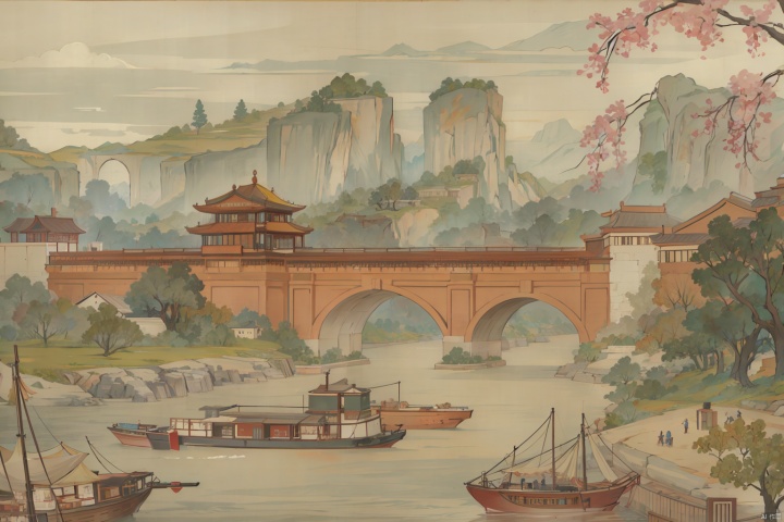 River,outdoors,water,tree,building,scenery,ancient architecture,Boat,Tree,humans,stone arch bridge,carriage,street, vector illustration, traditional chinese ink painting, gchf, guohua,outdoor,动漫, 
