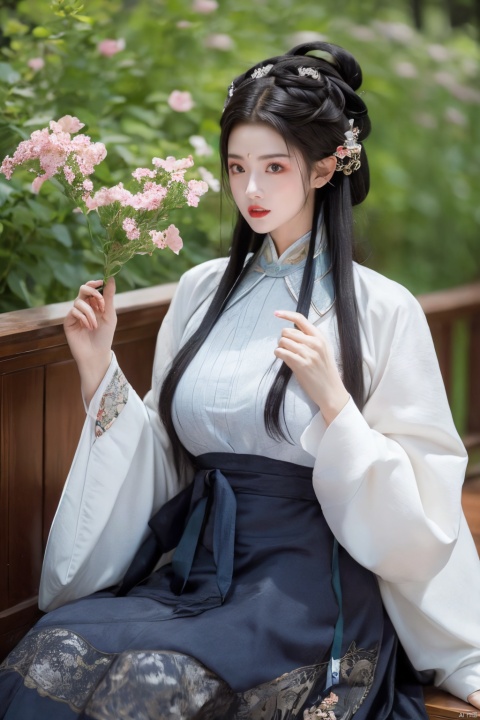 ming_hanfu,1girl,(spring,flowers:1.2),looking_at_viewer,,(big breasts:1.29), hanfu, QIEMANCN, gufeng