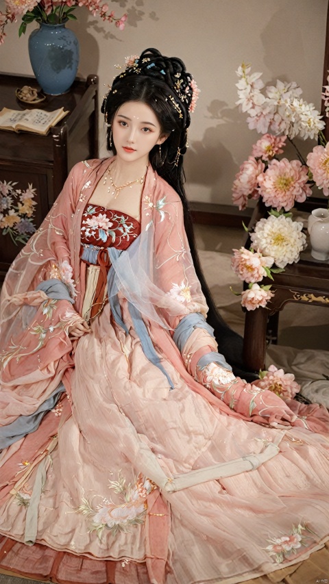  1girl, solo, long hair, black hair,Hairpins,necklace, hair ornament, long dress, full body, flower, earrings, indoors, hair bun, pink dress,(Tube top Hanfu long skirt:1.1), pillow, bed, night, chinese clothes, table, branch,daxiushan, ,daxiushan style,(huge breasts:1.7), (full breasts), realistic,hanfu, daxiushan,Shoulders are exposed, , daxiushan, arien_hanfu