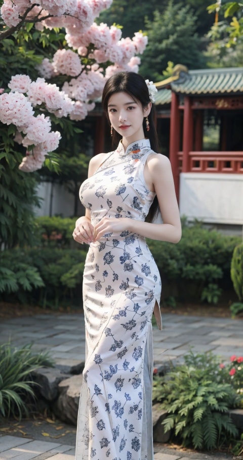  (global illumination, reality,ray tracing, HDR, unreal rendering, reasonable design, high detail, masterpiece,best quality, ultra high, movie lighting),
1girl,outdoor,looking_at_viewer,side_blunt_bangs,china_dress,chinese_style,(big breasts:1.73),pose,solo,1girl,black hair,black eyes, (pink flowers:1.3), qipao