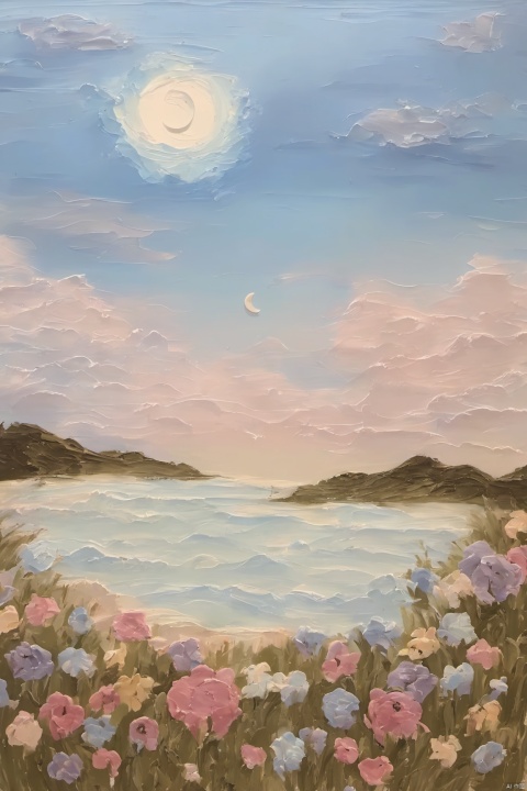 Healing_Painting,flower,oil painting,rabbit,sky,cloud,moon,beach,mountain