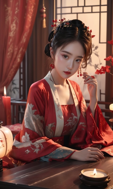 A young girl wearing a red Song Dynasty silk tulle Hanfu sat in a luxurious room, with candle shadow and red makeup,Best quality,realistic,photorealistic,masterpiece,extremely detailed CG unity 8k wallpaper,best illumination,best shadow,huge filesize,incredibly absurdres,absurdres,looking at viewer,