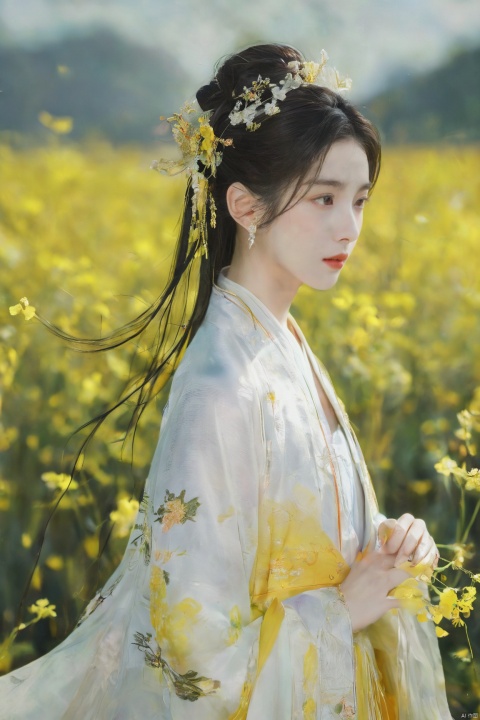  Enhanced, masterpiece, 16K, girl, Solo, Flower Field, rape flower, (\meng ze\), yue , hair ornament , hanfu,(big breasts:1.59), ming_hanfu