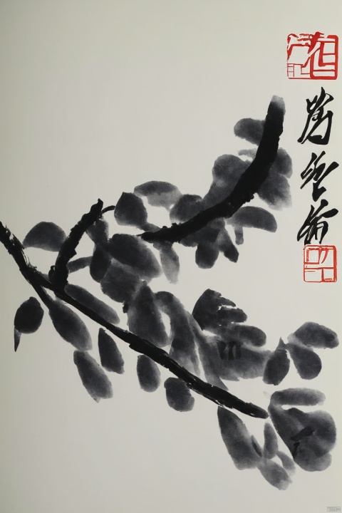 no humans,branch,two birds,chinese text,tree,animal focus,animal,monochrome,traditional media,the art of chinese calligraphy,orchid,brush strokes,traditional art,white background,asian culture,artistic seal,minimalistic,black and white,calligraphy,flora,paper texture,vertical composition,Chinese text,ink wash painting,traditional chinese painting, chinese Landscape painting