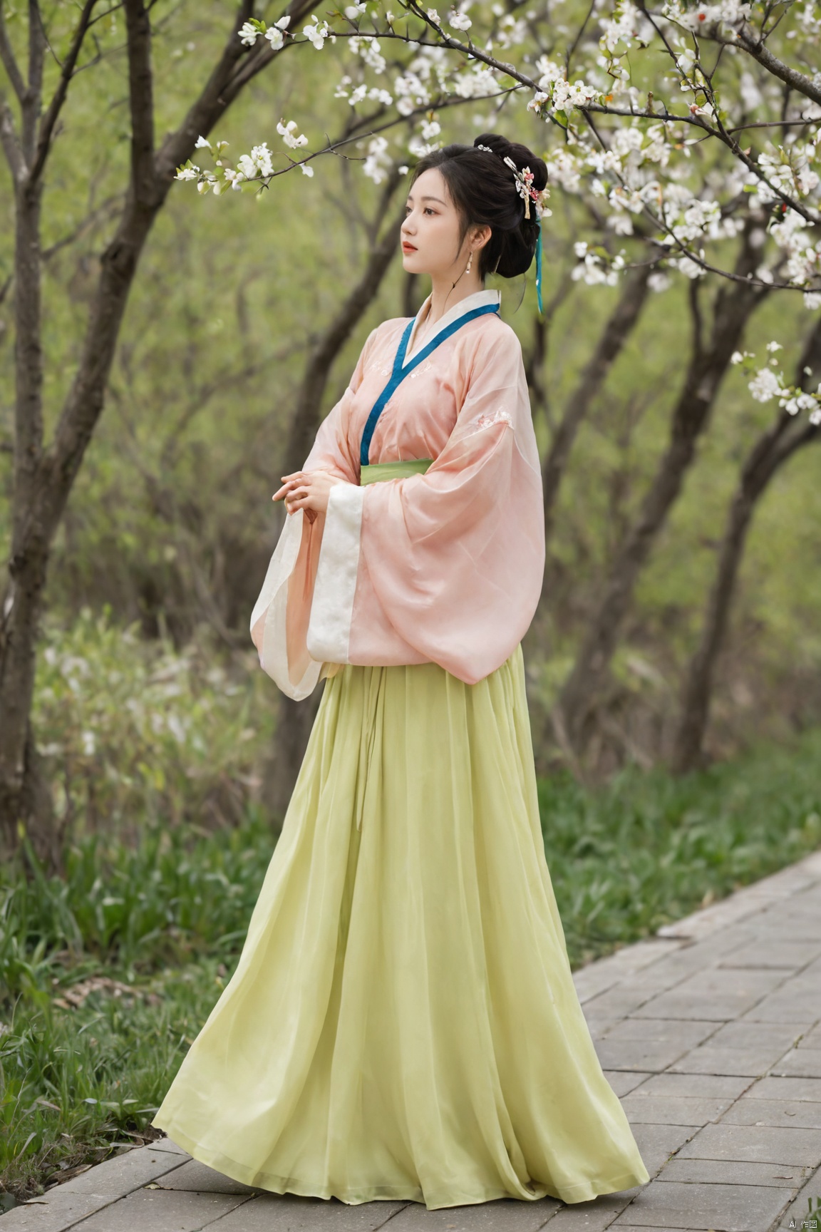  A girl,skirt,jewelry,long_hair,necklace,earrings,perfect body,standing,(large breasts:1.29),looking at viewer,chinese clothes,china dress,hanfu,cherry_blossoms,in spring,sunny,sunny,wind,cloud,bright,
, ming_hanfu, daxiushan, weijin_hanfu