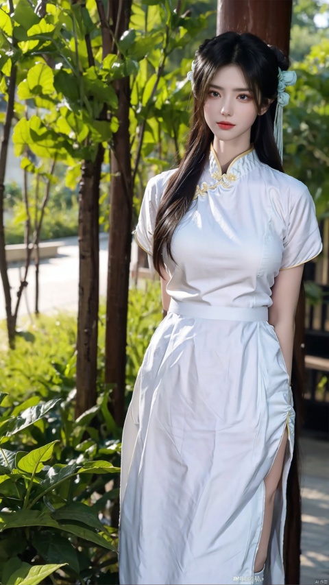  a woman, hanfu, the woman's gaze is directed towards the camera, her posture is upright and poised, (Hands behind back:1.5). the environment is lush and green, suggesting a serene and natural setting. the hanfu is flowing and drapes elegantly around her, with intricate embroidery and patterns. the overall mood conveyed is one of elegance, tradition, and serenity,(big breasts:1.39)