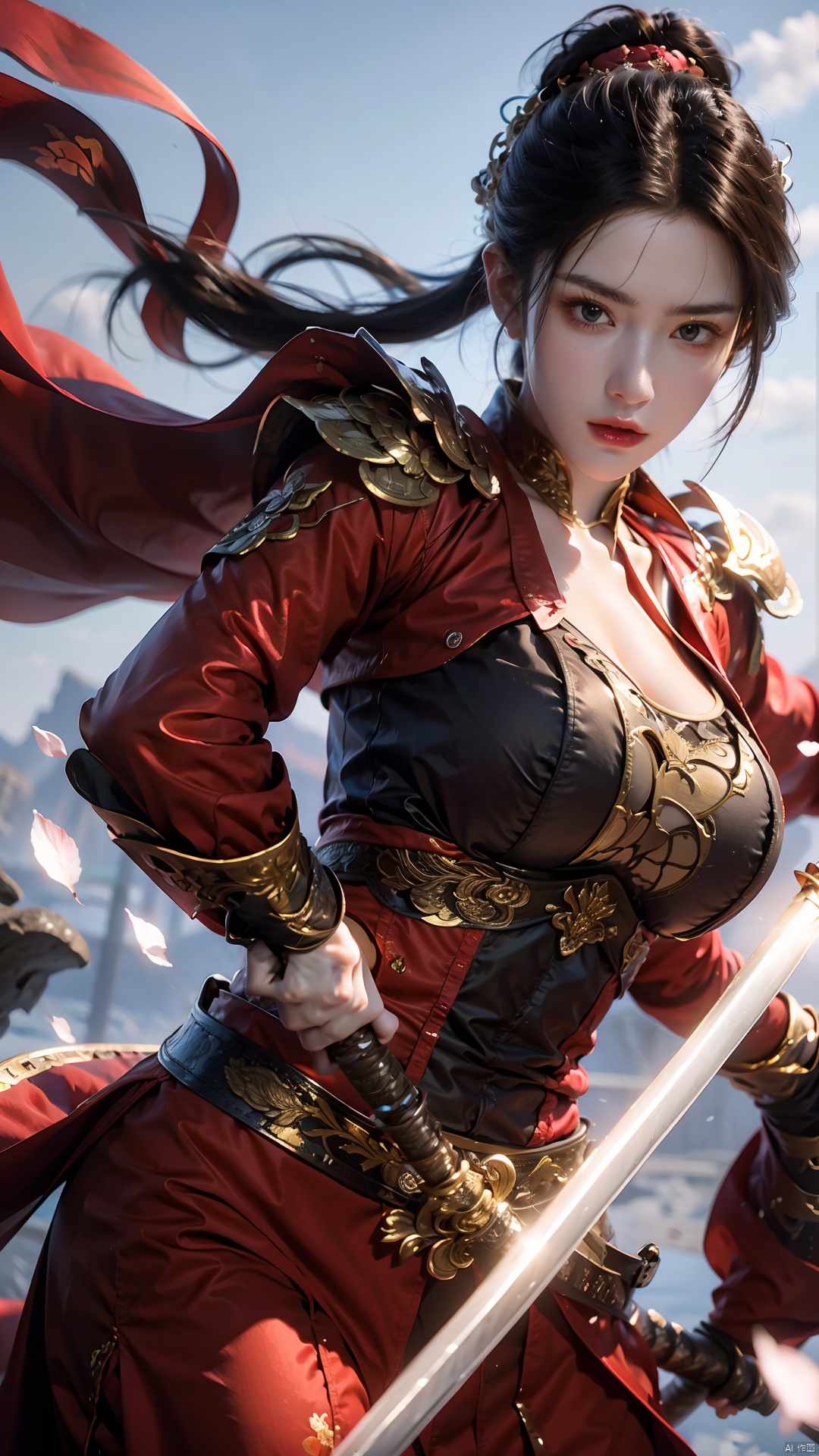  1girl,black hair,energy sword,glint,glowing sword,Unsheathed sword,solo,red Hanfu,Grasp the hilt with your hand,Brave and spirited,sword-dance,holding sword,looking at viewer,petals,solo,standing, ((poakl)), (\fan hua\), midjourney portrait, (big breasts:1.3),