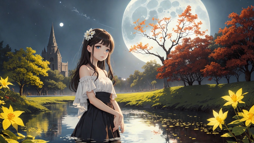  ,1girl with lightblue longhair and blue eyes,
(masterpiece:1.5), (illustration:1.5), (beauty:1.5), (perfect details:1.5), (clear background:1.25), (depth of field:0.7), (moonlight:1.5), (long road:1.15), (flower), (life), (autumn), (wind), (red leaves), (dark river), (peaceful mind), (deep thoughts), (reflection), (clear moon), (coolness), (autumn night), (chirping insects), (white steps), (red dewdrops), (parting), (fallen osmanthus flowers), (sorrow), (blowing wind), (yellow leaves), (drunken beauty), (moonlit tower), (clear stream), (transience), (tears), (reflection).
1girl with lightblue long hair, hair flowers,hime cut, 1girl, xinniang,facepaint