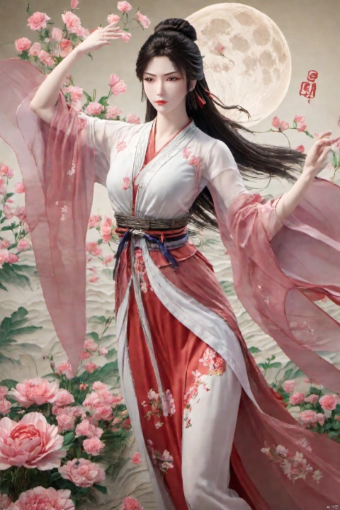 1girl,Xnangongwan,moon,flowers,big breasts, traditional chinese ink painting,chinese woman