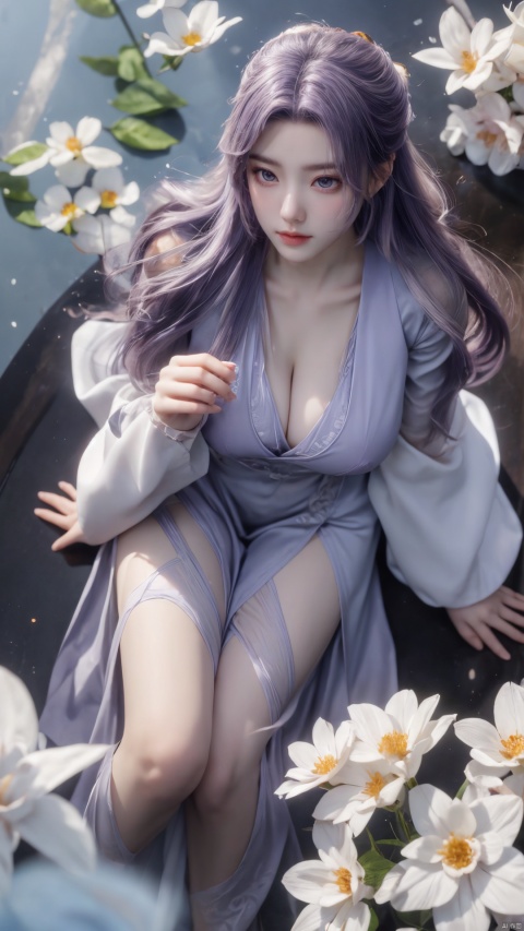  purple element,looking from above,above the knee,appear on camera,blue eyes,white_flower,XYunxiao,,(big breasts:1.19)