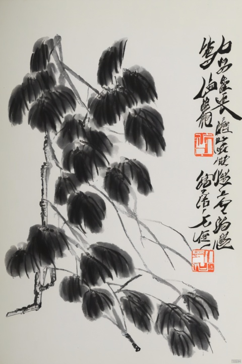 Chinese ink painting, Qi Baishi style, flowers, birds