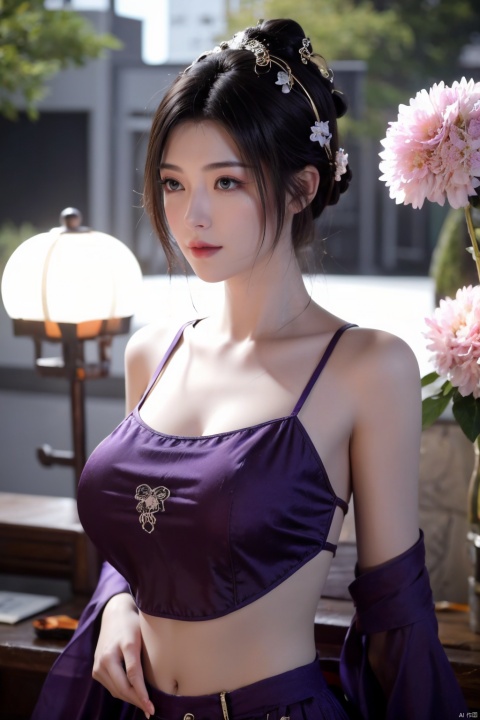  1girl, navel, solo, midriff, bare shoulders, lantern, hair ornament, flower, hair flower, paper lantern, black hair, red lips, looking at viewer, chinese clothes, (purple dress), purple eyes,blurry, solo focus, long hair, lips, night, lipstick, outdoors, upper body, blurry,(huge breasts:1.23), background, solo, makeup, hair bun, Hashimoto_Kanna
