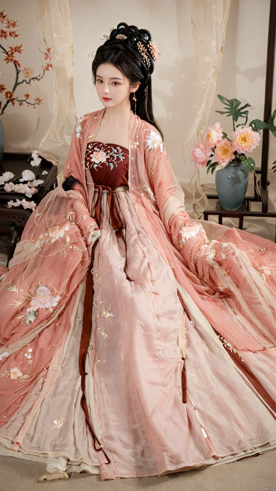  1girl, solo, long hair, black hair,Hairpins,necklace, hair ornament, long dress, full body, flower, earrings, indoors, hair bun, pink dress,(Tube top Hanfu long skirt:1.1), pillow, bed, night, chinese clothes, table, branch,daxiushan, ,daxiushan style,(huge breasts:1.7), (full breasts), realistic,hanfu, daxiushan,Shoulders are exposed, , daxiushan, arien_hanfu