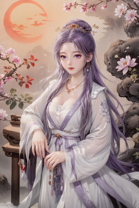  best quality,masterpiece,1girl,solo,long hair,looking at viewer,jewelry,closed mouth,purple eyes,upper body,purple hair,earrings,blurry,blurry background,sunlight,red lips,(big breasts:1.59), Yunxiao_xianzi, Brigitte Lin, X-aurora, pearl_shell, song_hanfu, fantasy_butterfly, Succulent_Plants, traditional chinese ink painting