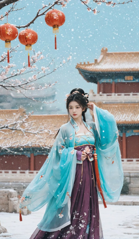 (cyan hanfu),1girl,half,(Masterpiece:1.2), best quality, arien_hanfu, 1girl, (falling_snow:1.39), looking_at_viewer,(big breasts:1.89),Forbidden City, (plum blossoms:1.3),(Traditional Chinese lanterns hanging from the trees), hand101, GUOFENG, HanFu, HUBG_Beauty_Girl, MAJICMIX STYLE, Face Score