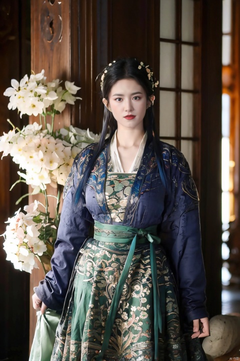 ming_hanfu,1girl,(spring,flowers:1.2),looking_at_viewer,,(big breasts:1.29), hanfu, QIEMANCN, gufeng