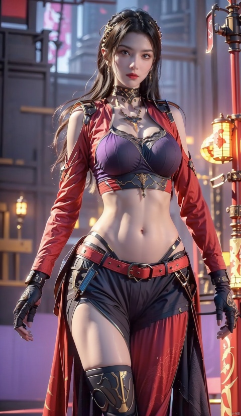  masterpiece, best quality, 8k, concept art, Thought-Provoking Aunt of Blood, intricate details, JoJo pose, Straps, Rings, Gloves, Low shutter, (Violet power aura:1.2), big breasts,most beautiful artwork in the world, aesthetics, atmosphere, (neon,cyborg:1.1), fantasy,1girl