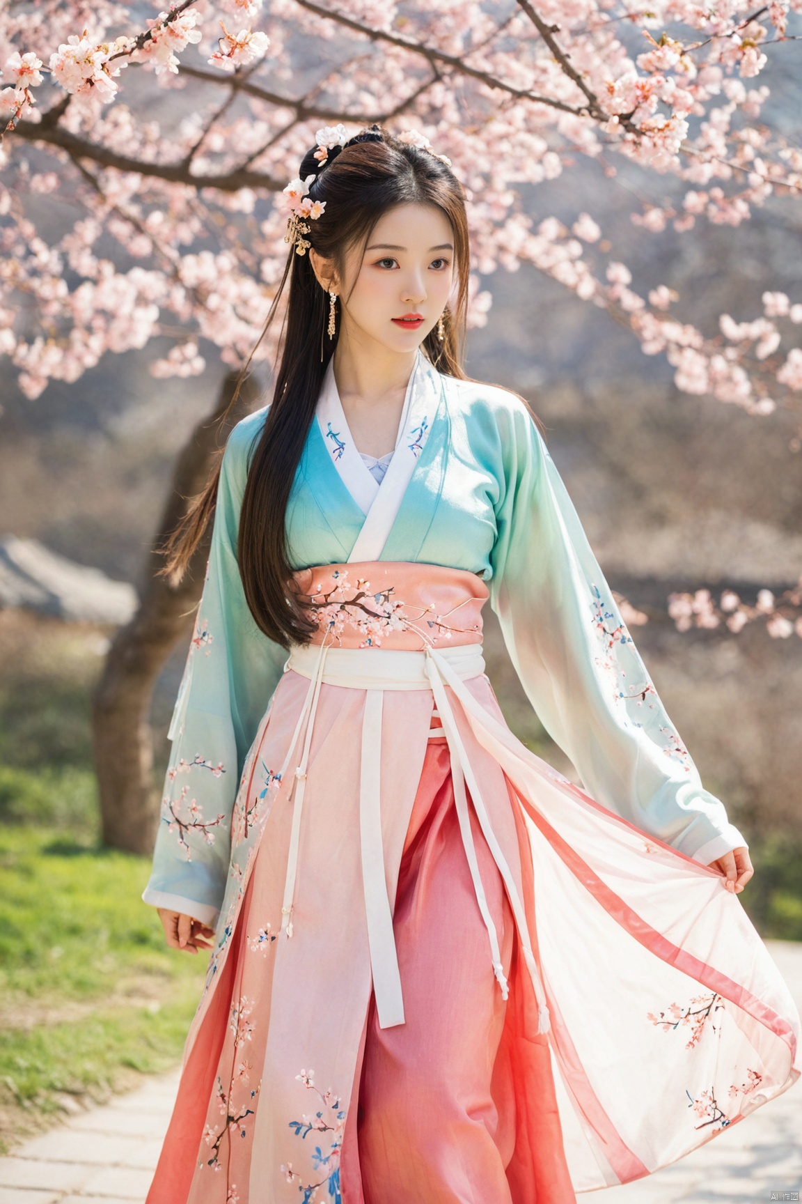  A girl,skirt,jewelry,long_hair,necklace,earrings,perfect body,standing,large breasts,looking at viewer,chinese clothes,china dress,hanfu,cherry_blossoms,in spring,sunny,sunny,wind,cloud,bright,
, ming_hanfu, daxiushan