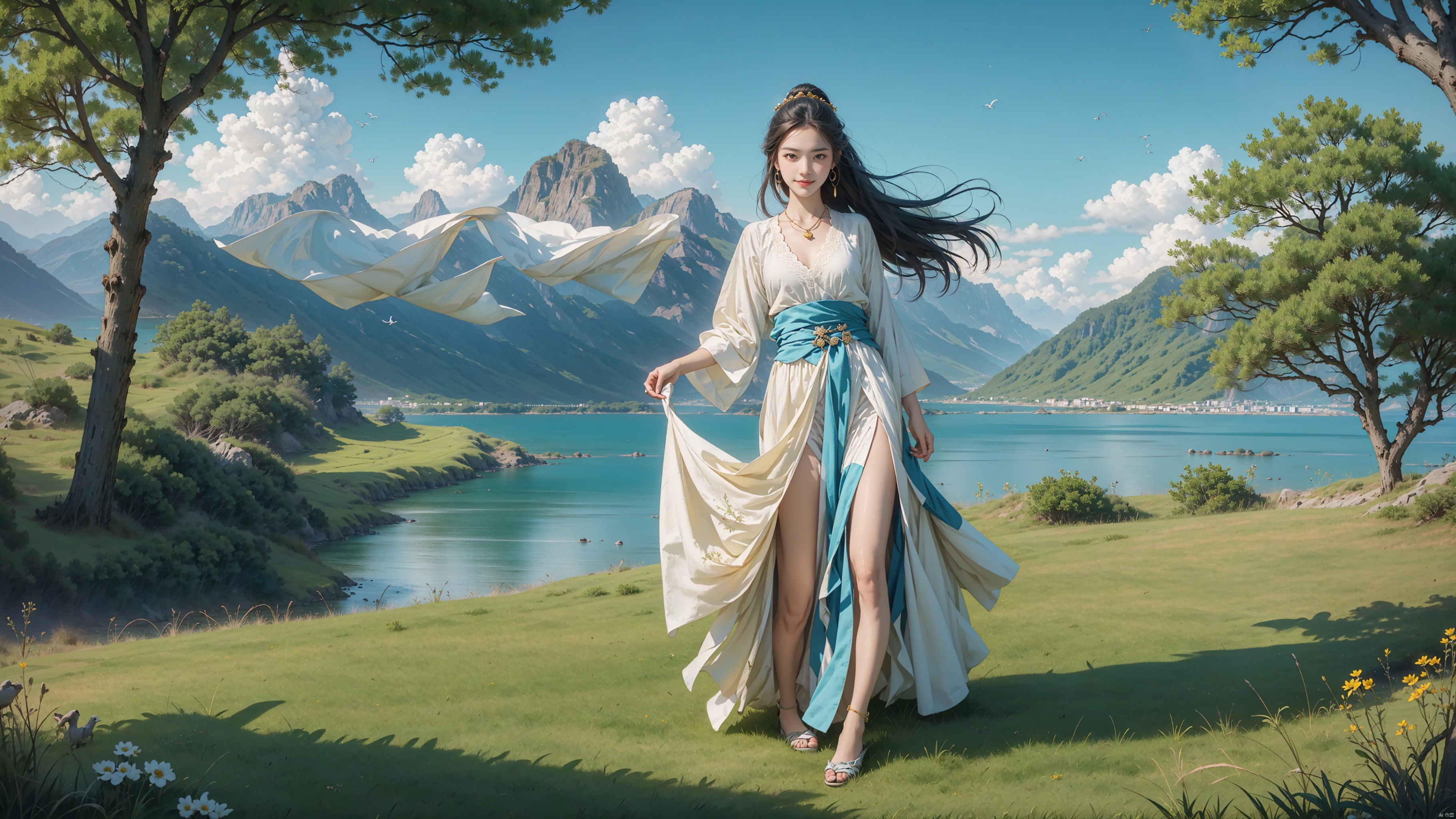  {masterpiece},{best quality},{1girl},Amazing,beautiful detailed eyes,solo,finely detail,Depth of field,extremely detailed CG,original, extremely detailed wallpaper,{{highly detailed skin}},{{messy_hair}},{small_breasts},{{longuette},{grassland},{yellow eyes},full body, incredibly_absurdres,{gold hair}.lace,floating hair,Large number of environments,the medieval ,grace,A girl leaned her hands against the fence,ultra-detailed,illustration, birds,Altocumulus,8kwallpaper,hair_hoop,long_hair,gem necklace,hair_ornament,prospect,water eyes,wind,breeze,god ray,lawn,Mountains and lakes in the distance,The skirt sways with the wind,The sun shines through the trees,A vast expanse of grassland,fence,Blue sky,bloom,smile,glow,The grass sways in the wind, Xiaolan, tian_qi_ji, nezha, ycbh, aoguang