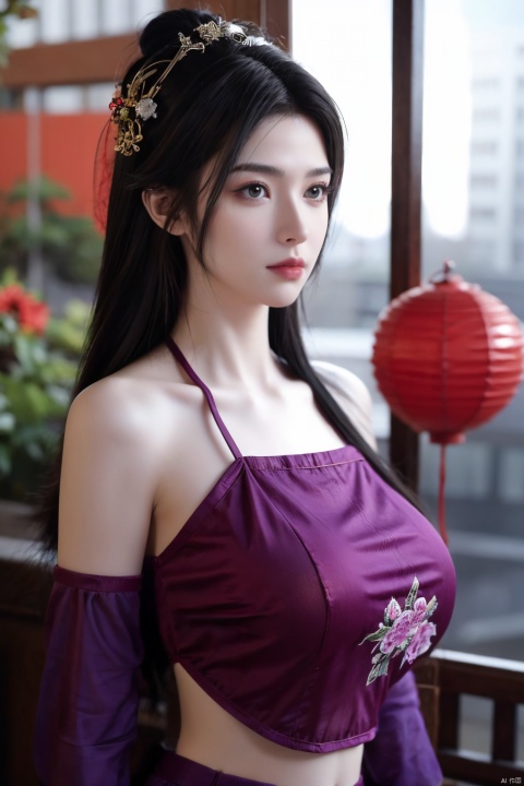  1girl, navel, solo, midriff, bare shoulders, lantern, hair ornament, flower, hair flower, paper lantern, black hair, red lips, looking at viewer, chinese clothes, (purple dress), purple eyes,blurry, solo focus, long hair, lips, night, lipstick, outdoors, upper body, blurry,(huge breasts:1.29), background, solo, makeup, hair bun, Hashimoto_Kanna