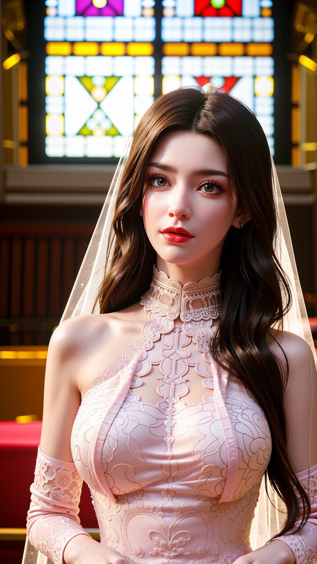 masterpiece, 1girl, (mature female:0.5), tall body, golden proportions, (Kpop idol), (shiny skin:1.2), (oil skin:1.1), makeup, (close up), (church background:1.2), depth of field, ((long wavy brown hair)), (puffy eyes), (eyelashes:1.1), (parted lips:1.1), red lipstick, fantasy art style, dreamy light, (high neck pink wedding dress:1.3), (lace wedding dress:1.3), perfect body, (dreamy veil:1.3), (dusk:1.2), princess shoes, (diamond necklace), (crystal hairpin), (tyndall effect:1.2), highres,(church:1.36),(big breasts:1.69),(The sun shines through the church window:1.3), mds-hd, mds