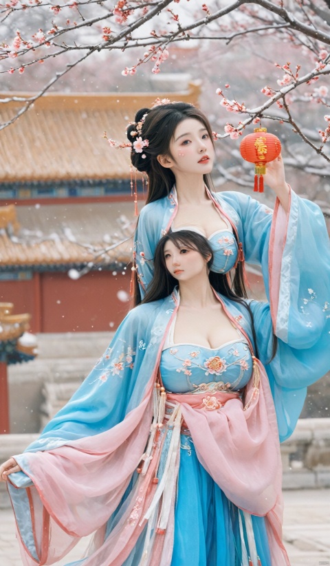 (pink|blue hanfu),1girl,half,(Masterpiece:1.2), best quality, arien_hanfu,1girl, (falling_snow:1.39), looking_at_viewer,(big breasts:1.99),
BREAK,
(plum blossoms:1.2),(Traditional Chinese lanterns hanging from the trees),Forbidden City, hand101,(big breasts:1.99), GUOFENG, HanFu, HUBG_Beauty_Girl, MAJICMIX STYLE, Face Score