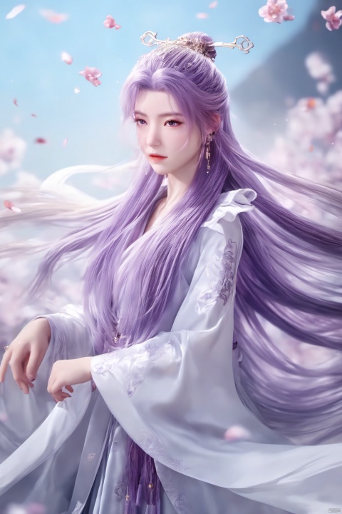  best quality,masterpiece,1girl,solo,long hair,looking at viewer,jewelry,closed mouth,purple eyes,upper body,purple hair,earrings,blurry,blurry background,sunlight,red lips,(big breasts:1.69), Yunxiao_xianzi, Brigitte Lin, X-aurora, pearl_shell, song_hanfu, fantasy_butterfly, Succulent_Plants