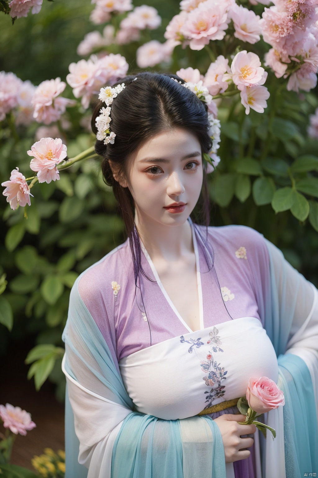 tang_hanfu,1girl,(spring,flowers:1.2),looking_at_viewer,,(big breasts:1.29), hanfu