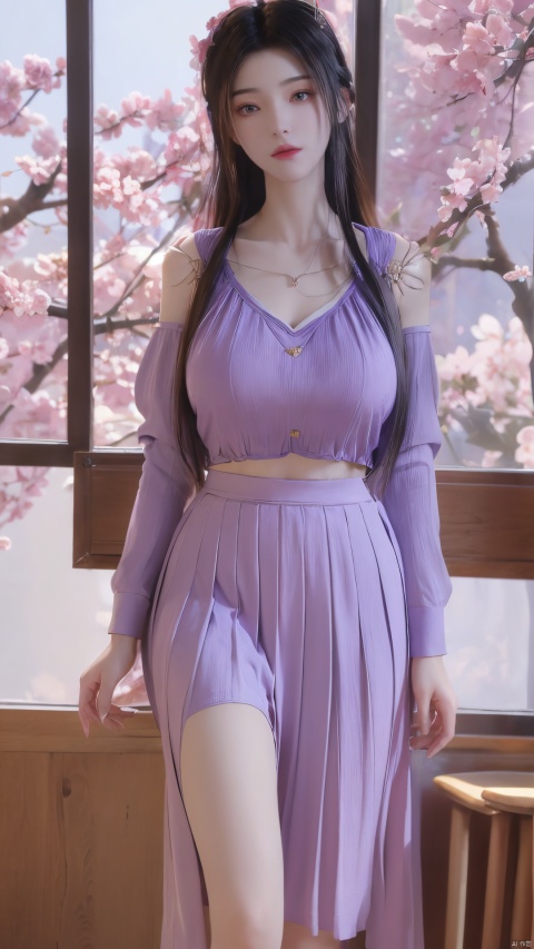  Best quality,masterpiece,1girl,(light purple business shirt:1.2), (huge breasts:1.59),(pink Tie:1.1), (Exposed thighs:1.3), (mini skirt:1.3), (pleated skirt:1.3),1 girl,(Cherry blossoms in front of the classroom window:1.39),(huge breasts:1.68),