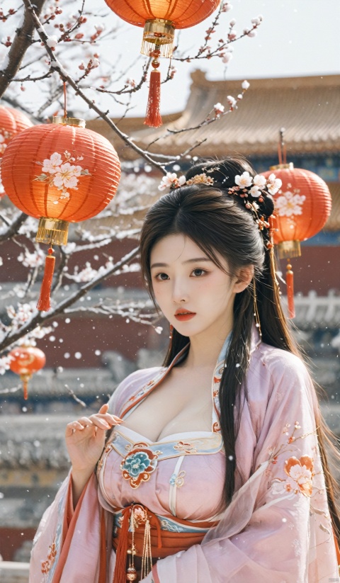 (hanfu),1girl,half,(Masterpiece:1.2), best quality, arien_hanfu,1girl, (falling_snow:1.39), looking_at_viewer,(big breasts:1.99),
BREAK,
(plum blossoms:1.2),(Traditional Chinese lanterns hanging from the trees:1.1),Forbidden City, hand101,(big breasts:1.99), GUOFENG, HanFu, HUBG_Beauty_Girl, MAJICMIX STYLE, Face Score