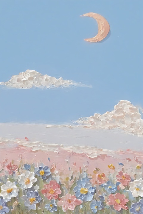 Healing_Painting,flower,oil painting,(rabbit,sky,cloud,moon),beach,mountain, candy-coated