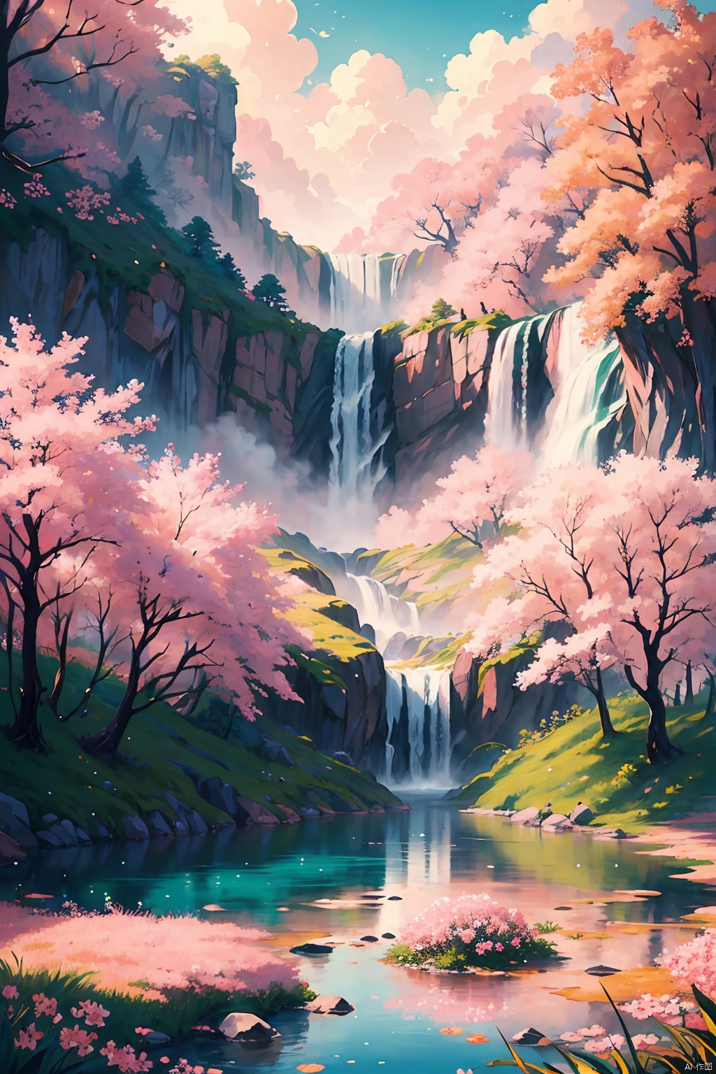 (Landscape painting full of illusory artistic conception), (high waterfall falling from the sky), the waterfall occupies 80% of the entire length of the picture, above the waterfall is the blue sky, rolling white clouds, below the waterfall is the pond, (the water of the pond is floating on the Many scattered (pink peach: 1.3) flowers), (there is a (peach forest: 1.3), (pink: 1.2) flower by the pond), (the setting sun shines slantly through the clouds), vividcolor (light particles Effect), (masterpiece), (extremely exquisite picture description), (8k wallpaper), (master painting), (ink painting style), (obvious light and shadow effect), (ray tracing), (obvious levels), (depth of field) ),(best quality),RAY, desert_sky, Succulent_Plants, Oil-paper umbrella,动漫