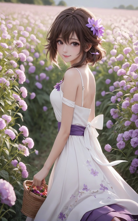  (masterpiece), (best quality), 1girl, solo, dress, flower, white dress, looking at viewer, hair ornament, looking back, brown hair, short hair, purple flower, brown eyes, sleeveless dress, sundress, flower field, field, skirt hold, sleeveless, bangs, bare shoulders, hair flower, bare arms, outdoors, from behind, standing, blurry, ribbon, closed mouth, depth of field, smile, spaghetti strap, parted lips,(big breasts:1.2)