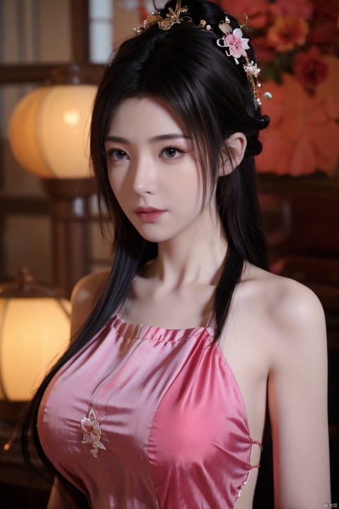  1girl, navel, solo, midriff, bare shoulders, lantern, hair ornament, flower, hair flower, paper lantern, black hair, red lips, looking at viewer, chinese clothes, (pink dress), purple eyes,blurry, solo focus, long hair, lips, night, lipstick, outdoors, upper body, blurry,(huge breasts:1.39), background, solo, makeup, hair bun, Hashimoto_Kanna