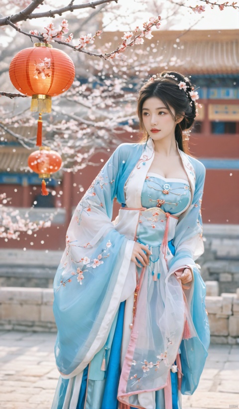 (pink|blue|white hanfu),1girl,half,(Masterpiece:1.2), best quality, arien_hanfu,1girl, (falling_snow:1.39), looking_at_viewer,(big breasts:1.99),
BREAK,
(plum blossoms:1.3),(Traditional Chinese lanterns hanging from the trees),Forbidden City, hand101,(big breasts:1.99), GUOFENG, HanFu, HUBG_Beauty_Girl, MAJICMIX STYLE, Face Score