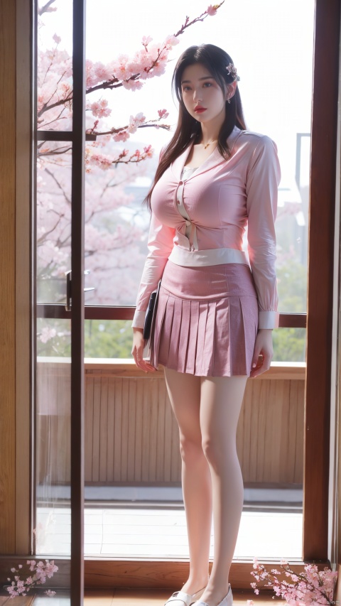  Best quality,masterpiece,1girl,(light yellow business shirt:1.12), (huge breasts:1.56),(pink Tie:1.1), (Exposed thighs:1.3), (mini skirt:1.3), (pleated skirt:1.3),1 girl,(Cherry blossoms in front of the classroom window:1.39),(huge breasts:1.66),