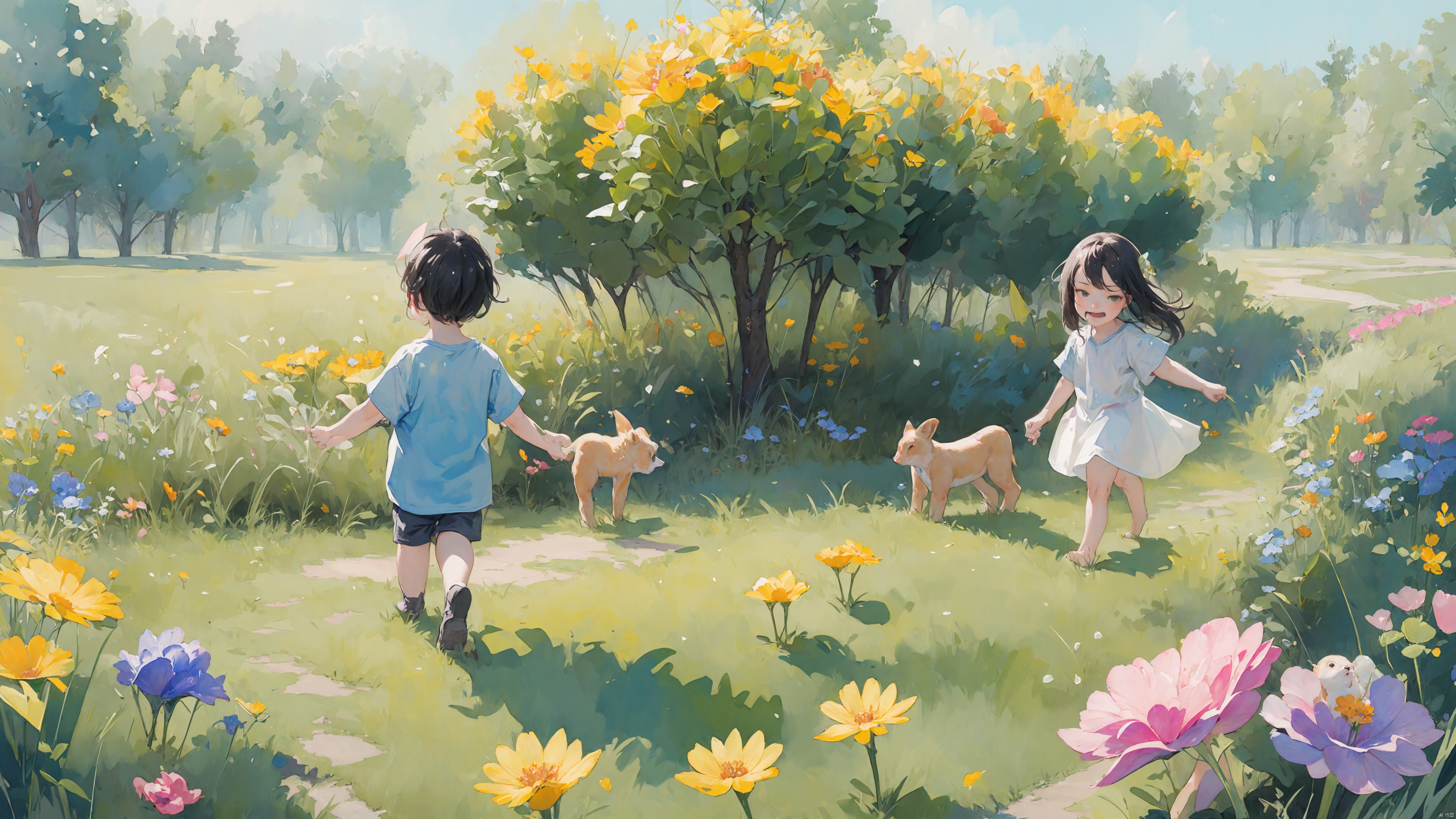  absurdres,incredibly absurdres,masterpiece,best quality,1girl,1boy,child,detail light,small animals,in spring,nature,action,kawaii,in a meadow,full-blown flowers,whole family,love,friend,play,lively,watercolor
